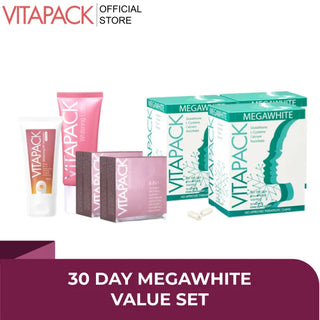 Vitapack 30 Day Megawhite Glutathione Whitening Capsules Gluta Whitening Soap Whitening Lotion UV Sunscreen SPF50 Exfoliating Antiaging Hydrating Value Set